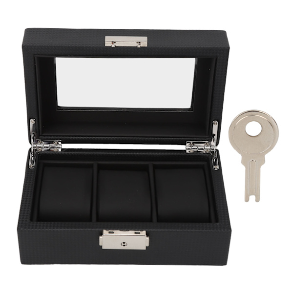 Klocka med 3 fack Låsbar liten PU-klocklåda med transparent lock för män Kvinnors armband Svart