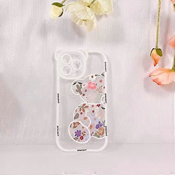 Kompatibel med iPhone 15 Pro Max Deksel Klar Søt Blomst Blomsterbjørn for Jenter Kvinner Mønster med Kjede Lanyard Håndleddsstropp Myk TPU Støtsikker Beskyttelse