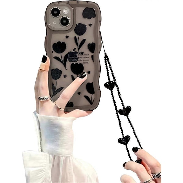 Kompatibelt skal för iPhone 14/iPhone 13 med sött, enkelt svart blomstermönster Design Kvinnor Tonårsflickor Linsskyddsskal för iPhone 14/13+Svart