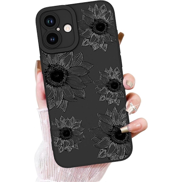 Blommigt Skal för iPhone 16, Sött Solros Blommigt Mönster Mjuk TPU Stötsäker Skyddande för Kvinnor Flickor Telefonskal - Svart Blomma