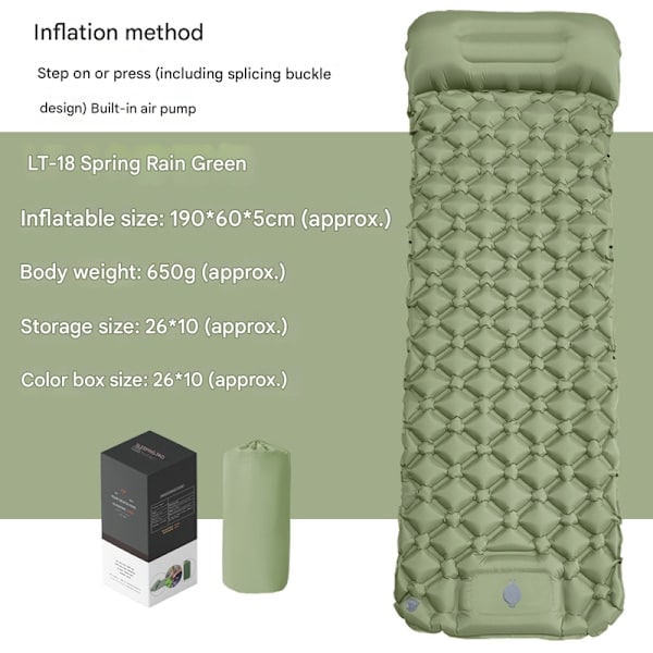 Itsestään täyttyvät retkipatjat: Paksu ja kevyt yhden hengen retkipatja, puhallettava ja yhdistettävä kahden hengen retkipatja ja kompakti puhallettava Spring Rain Green Single sleeping pad
