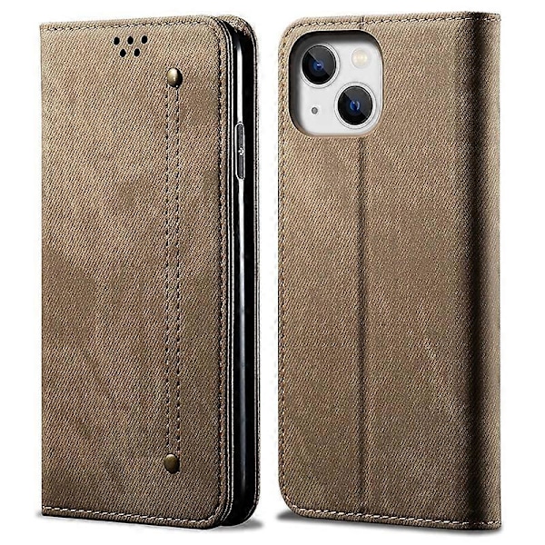 Stöttåligt plånboksfodral med stativ i PU-läder och jeanstygstruktur för iPhone 15 Plus