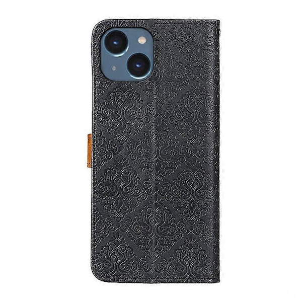 iPhone 15 Eurooppalainen kukka-aiheinen kohokuvioitu nahkainen puhelinkotelo