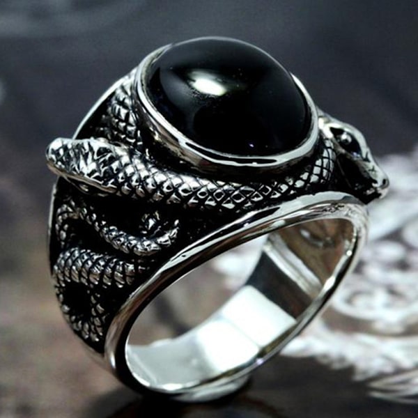 Reptil Slange Ring For Menn, Svart Edelsten Slange Band Ring 9