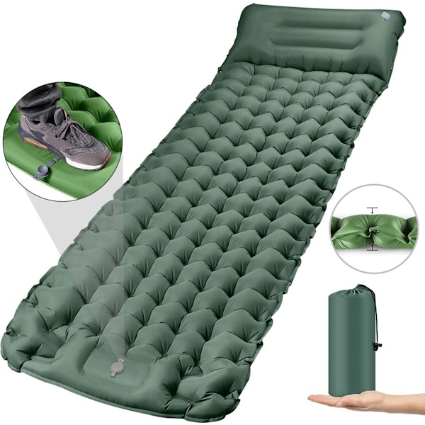 Camping liggeunderlag med fodpumpe og automatisk oppustning green