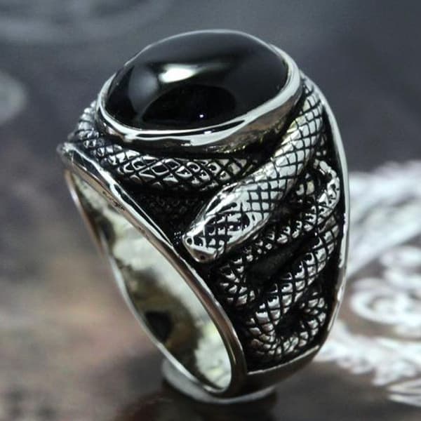 Reptil Orm Ring För Män, Svart Gem Orm Bandring 9