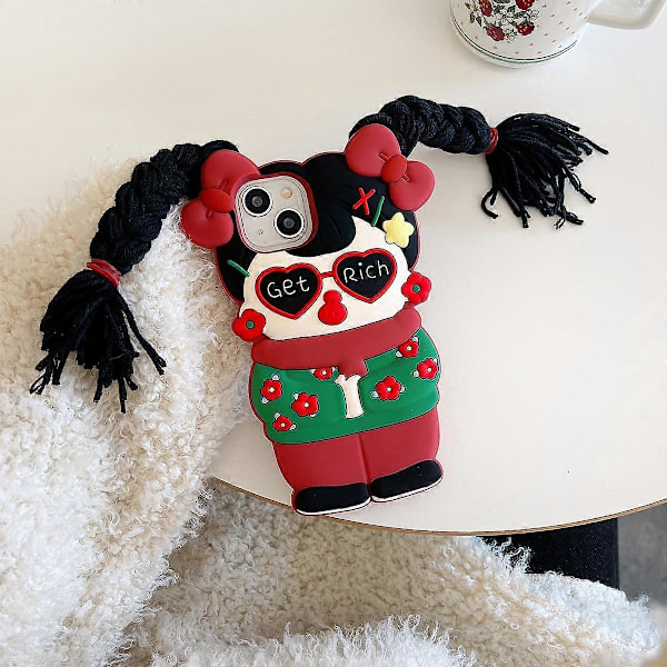Kotelo iPhone 15 Pro Maxille, Kawaii-puhelinkotelot 3D-silikoninen sarjakuva punotut tytöt voivat tehdä itse hauska söpö kotelo pehmeä kumimainen iskunkestävä suojakotelo naisille