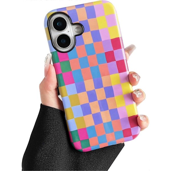 1 st Kompatibel med iPhone 16 Skal, Sött Enkelt Färgglatt Rutigt Skal med Stötsäker Slimmad Mjuk TPU och Hård PC Skyddande Skal för Kvinnor/Män Des