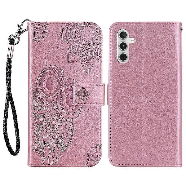 Fodral till Samsung Galaxy S25 Uggla Blomma Präglat Läderplånboksfodral med Rem - Roséguld
