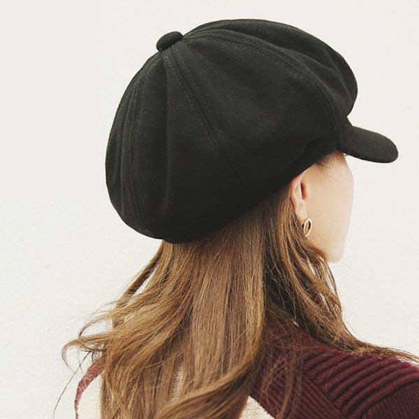 Pigehat Beret Uld Ottekantet Modehue (Sort)