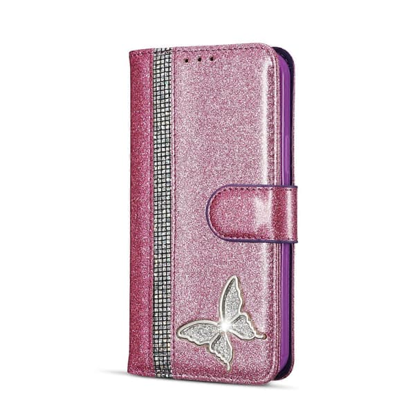 Glitterpuder Fjäril Läder Telefonfodral för iPhone 12 mini
