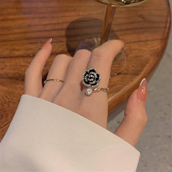 Ringe Sort Kamelia Ring Til Kvinder Justerbare Ringe