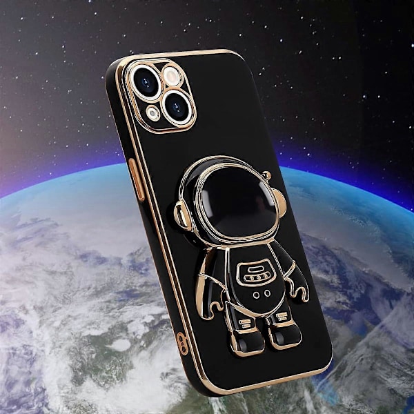 Kompatibelt med iPhone 13 Skal Sött 3D Astronaut Ställ Design Kameraskydd Stötsäkert Mjukt Baksida Skal för Apple iPhone 13 Mobilskal Svart