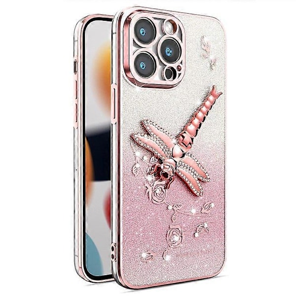Deksel til iPhone 15 Pro med Dragonfly-stativ, TPU-blomster og glitter
