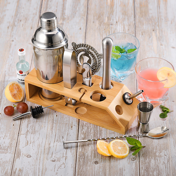 Bartenderset med trapetsformad träram bas barverktyg