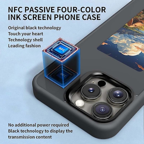 iPhone 15 Pro Max -puhelimen suojakuori E Ink -näytöllä, 4-värinen NFC DIY -puhelinkuori - Musta