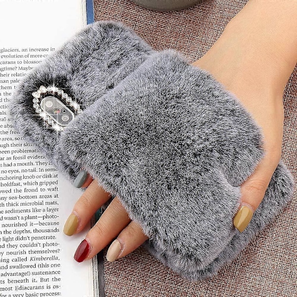 til iPhone 11 Case Søde Piger Blød Kunstpels Glitter Diamant Pelsede Fluffy Handske Silikone Telefon Cover Case til iPhone 11 Case Grå