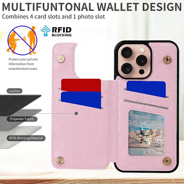 iPhone 16 Pro -kotelo Kukkakuvioinen nahka+TPU RFID-suojattu korttipaikallinen puhelinkotelo