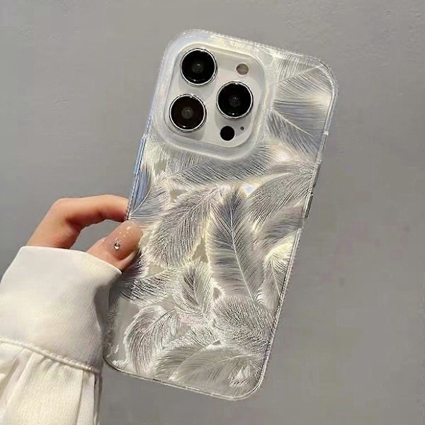 För iPhone 13 Pro Skal Silver Fjäder Mönster Laserbehandlad Stöttålig PC Telefonfodral