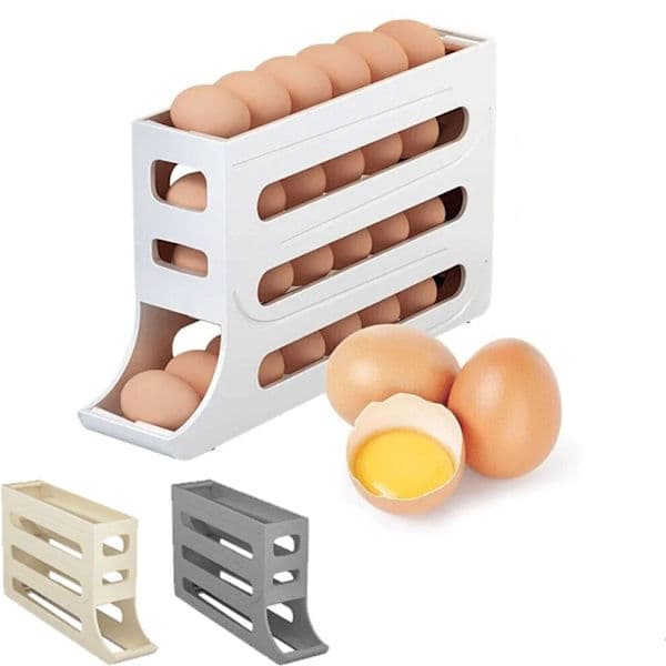 4-lags eggholder for kjøleskap, eggdispenser, automatisk rullende eggbrett, oppbevaring for 30 egg, hvit White