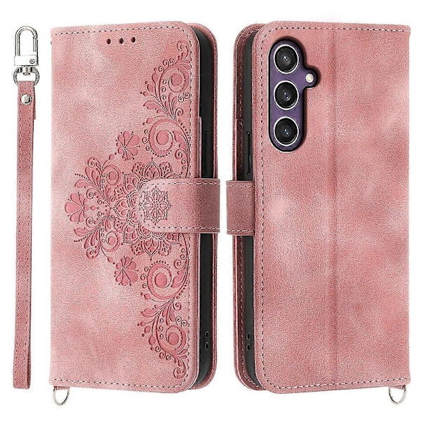 För Samsung Galaxy S25 Fodral Blommönster PU Läder Plånboksfodral med Rem - Rosa
