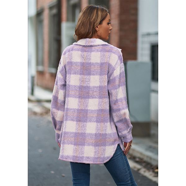 Vinter Uldfrakke Casual Plaid Flanel Shacket Jakke Oversized Knap Ned Langærmet Efterårs Skjorte Jakke Frakke Toppe Jakke Kvinder LILLA