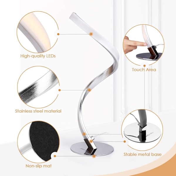 LED Spiral Bordlampa - Dimbar Touch Sensor Skrivbordslampa, Sänglampa med 3000K Varmvitt, 1.5m Kabel, 5W 450LM, för Sovrum, Studie, Vardagsrum