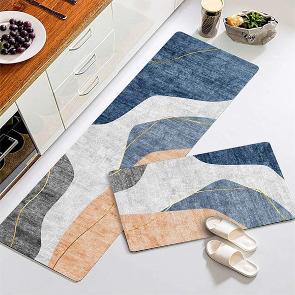 Liukumaton keittiömatto tiskialtaan eteen, geometrinen kuvio, 2 kpl imukykyinen keittiön lattiamatto, pehmeä käytävämatto 40 * 60+40 * 120cm (tyyli 2)