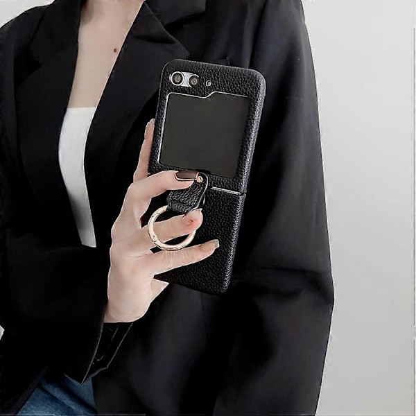 För Samsung Galaxy Z Flip5 5G Litchi Läder Ring Stötsäkert Mobilskal