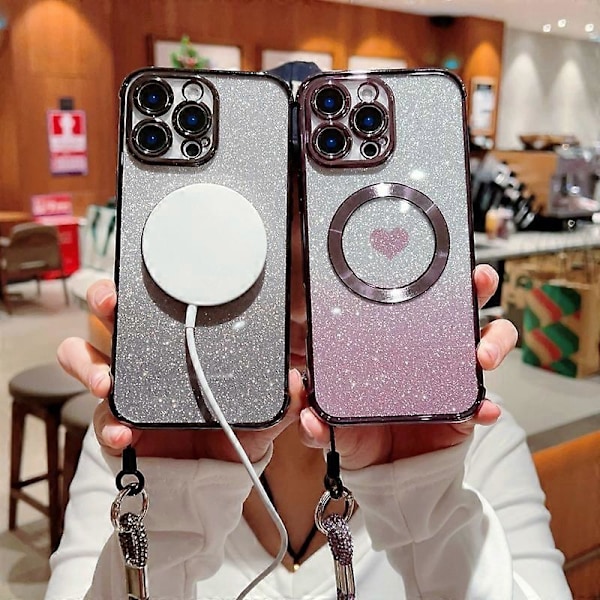 Deksel til iPhone 16 Pro Max, kompatibelt med MagSafe, TPU-telefondeksel med stropp, hjertegradient, glitter