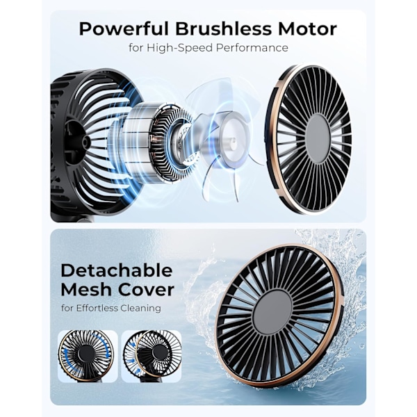 Bærbar håndholdt ventilator, genopladelig 3600mAh, 180° justerbar, 6 hastigheder, sammenklappelig, sort black