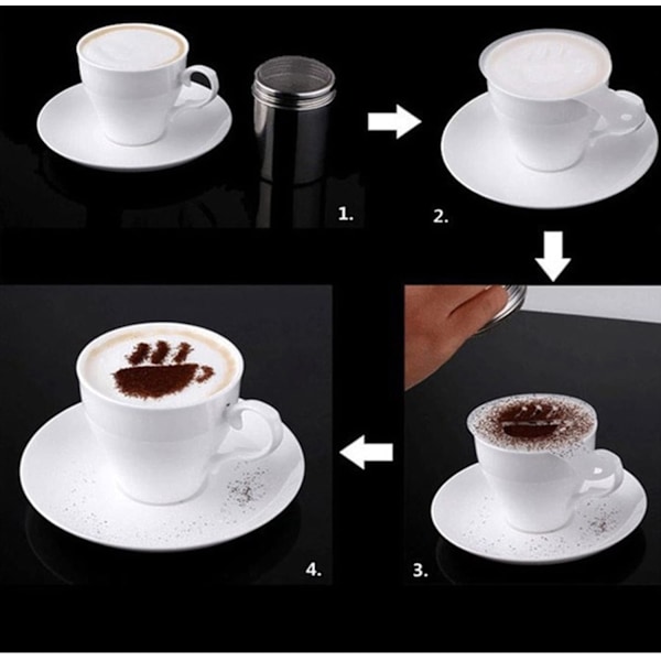 1 STK Pulverspreder i rustfrit stål, 16 STK Kaffe Latte Form Printmodel, 1 STK Plastik Kaffebønne Ske