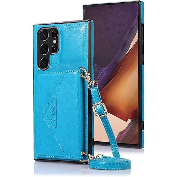Kæde Etui Til Samsung Galaxy S22 Ultrablå, PU Læder Snøre Etui Mobiltelefon Taske Hængende Beskyttelsescover Med Kortholder Etui Foldbart Stødsikkert