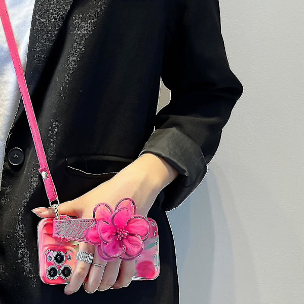 För iPhone 13 Pro Max Gasväv Läder Armband Telefonfodral Mönster TPU-skydd med Axelrem