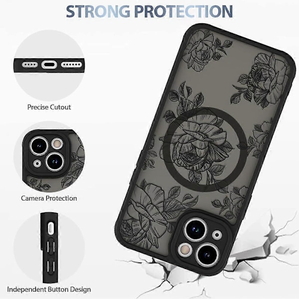 Etui til iPhone 15 [Kompatibel med MagSafe] Sort Blomst Blomstermønster Design Etui til Kvinder Piger Blød TPU Kofanger Hård PC Bagside Anti-Fald Stødsikker