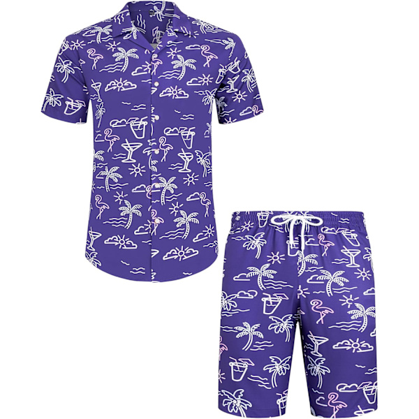 Hawaiiskjorta och shortsset för män, normal passform, kortärmad, avslappnad, funky strand-flamingo-skjortset XL