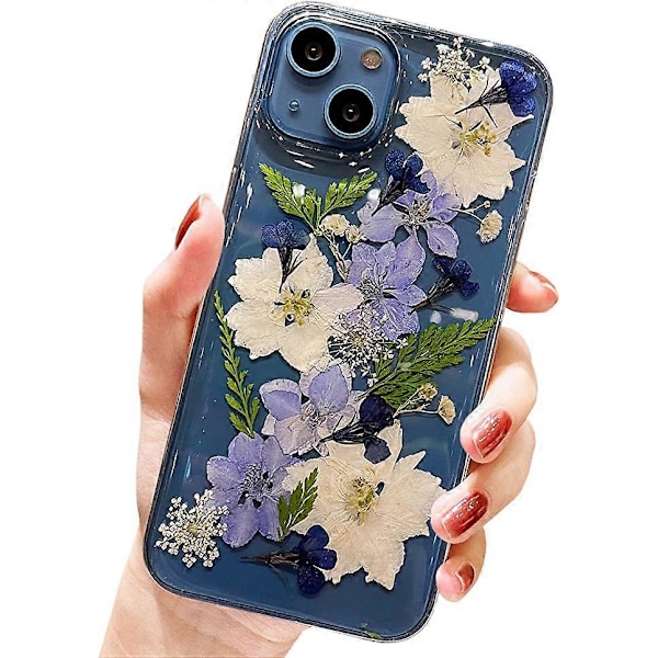 Blomsteret iPhone 13 cover, Klar Sødt Presset Ægte Blomster Design Transparent Blød TPU Gummi Slank Beskyttende Blomster Kvinder Piger Cover til iPhone 13