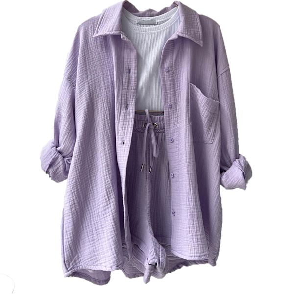 Dam Crinkle Krage Långärmad Skjorta Hög Midja Dragsko Shorts Mode Casual Tvådelat Set Lila M