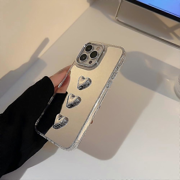 Spejl Etui til iPhone 13 Pro Max, Spejl med Sødt 3D Hjerte til Piger Kvinder Makeup, Hård Spejl Bagside+Klar Blød TPU Kofanger Slank Pasform Anti-Drop Beskyttelse