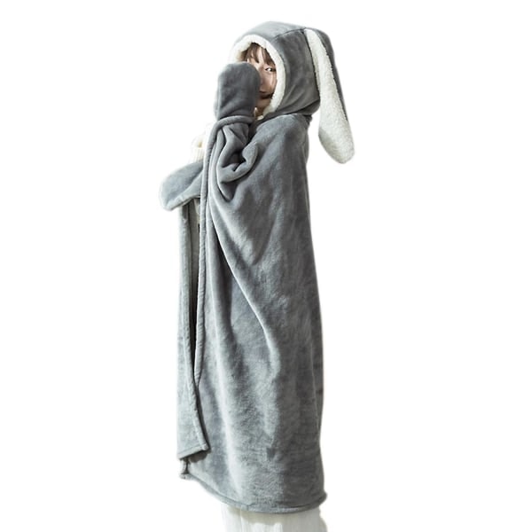 Sød Kaninøre Bærbar Tæppe Tyk Fleece Hætte Poncho Wrap med Handsker Hjemme Pige Hættetrøje
