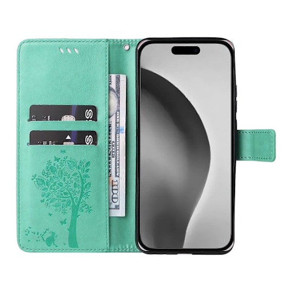 För iPhone 16 Pro Max Skal Skyddande PU Läder Telefonfodral Katt Träd Mönster