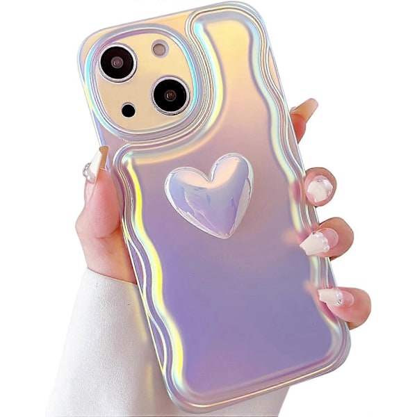 1 st för iPhone 15 Skal 6,1 Tum Sött 3D Kärlekshjärta Vågformad Ram Mjukt Silikon Glitter Laser Färg Glitter Telefonskal för iPhone 15 för Kvinnor Gi