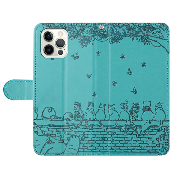 Til iPhone 16 Pro Max Cover med Håndledsrem Læder Telefon Cover Væg Katte Mønster
