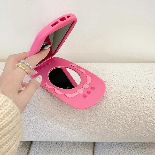3D Silikon Tecknad Retro Telefon Spegel Roligt Sött Skal Mjukt Gummi Stötsäkert Skyddsfodral Kvinnor Flickor för iPhone 15 Pro Max