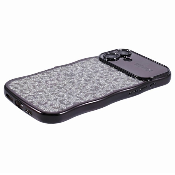 Skal till iPhone 16 Curly Frame TPU Mobilskal Leopardtryck Glitter-Svart
