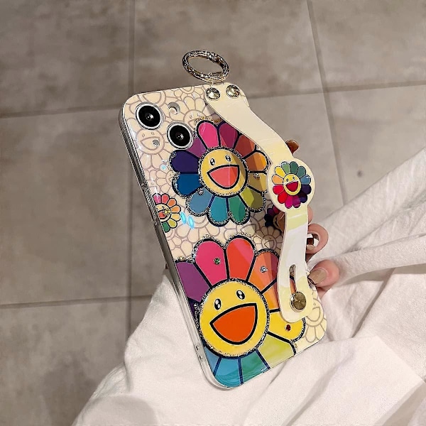 1 st för iPhone 13 Skal Sött med Handledsrem Ställ Glitter Bling Tecknat Mjukt TPU Stötsäkert Skyddande Skal Fodral för Tjejer och Kvinnor - Sunfl