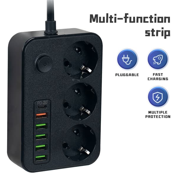 Protect 2 m Stikdåse med USB-C/USB-A Sort