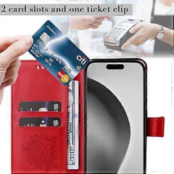 iPhone 16 Pro Max med korthållare, PU-läder Ställ Kvinnor Män Präglat Träd Katt Fodral, Handledsrem Flip Folio Flera Fack Skydda Telefonfodral för