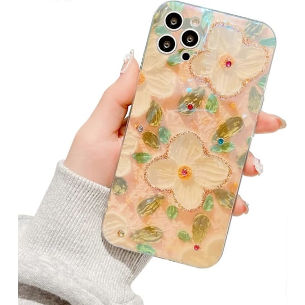 Kompatibelt med iPhone 13 Pro Max Blomfodral för Kvinnor Flickor Glänsande Fodral Glitter Målning Blommig Mjukt Skyddande Fodral för iPhone 13 Pro Max 6.7 Tum-P