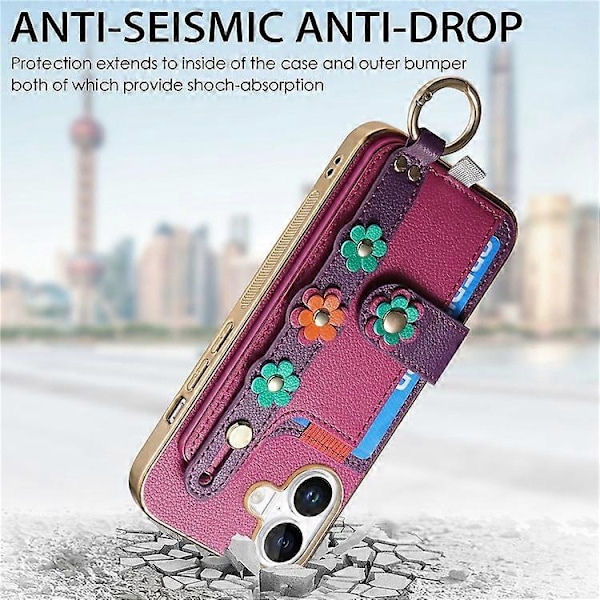 Kompatibel med iPhone 16 Etui Kortholder Læder Bagside Cover 3D Blomster Armbånd